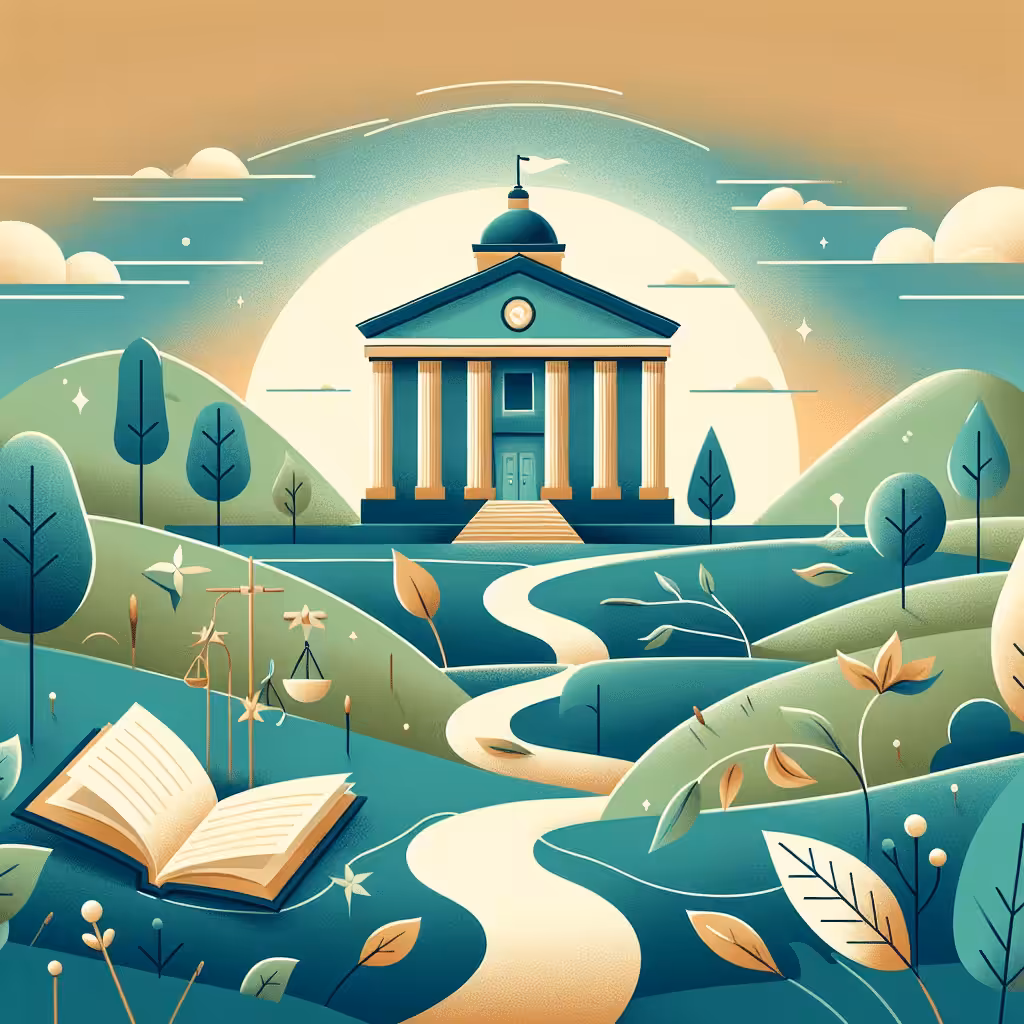 A stylized, flat-design illustration of a grand, classical building with columns, situated on a hill at the end of a winding path. In the foreground, an open book sits next to a set of scales, surrounded by rolling green hills, stylized trees, and plants under a soft, warm sky.