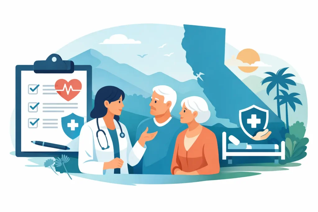 Illustration of a doctor discussing an advance health care directive checklist with a senior couple, with a California map in the background