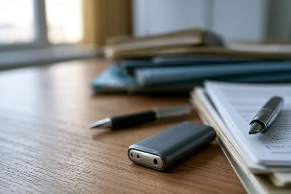 A hardware cryptocurrency cold wallet lies on a law office desk beside a stack of estate planning documents and a fountain pen